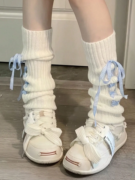 1 Pair Cute Cross-Band Design Knit Bow Decor Thigh-High Leg Warmers For Women, White, Cozy