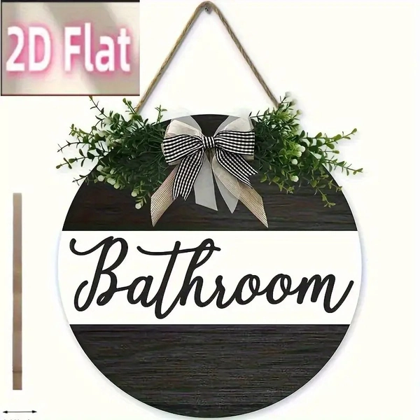 Rustic Wooden Bathroom Sign, 2D Flat Round Recycled Wood Wall Decor with Decorative Bow Detail, Elegant Cursive Font Black and White Checkered Pattern & Greenery, Farmhouse Home Decoration Housewarming Gift, High-Quality Wall Art