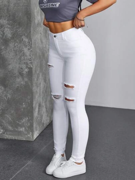 SHEIN EZwear Black Slant Pocket Ripped Skinny Jeans