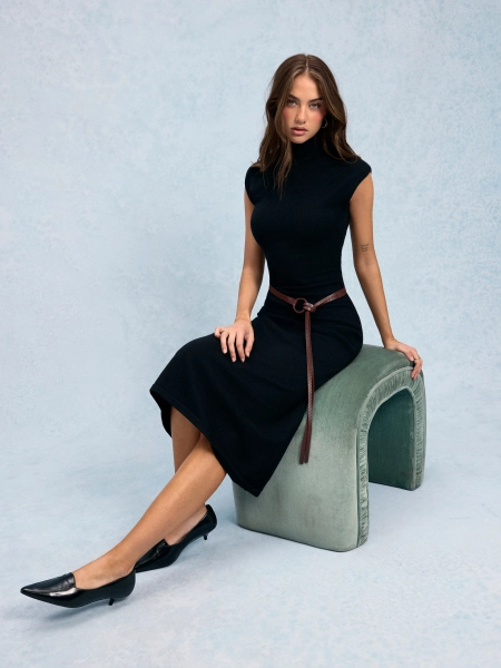 Knit High Neck Sleeve A-line Maxi Dress With Belt