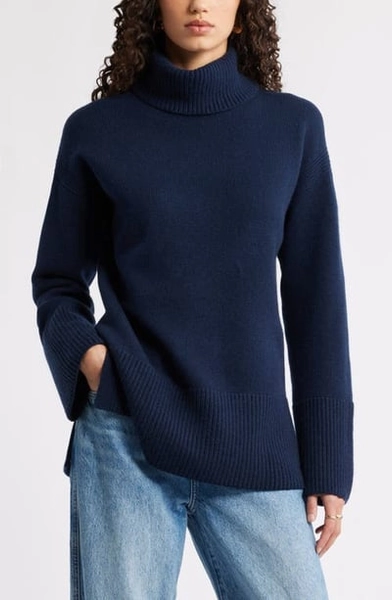Nordstrom Wool & Cashmere Turtleneck Sweater in Navy Night at Nordstrom, Size X-Small
