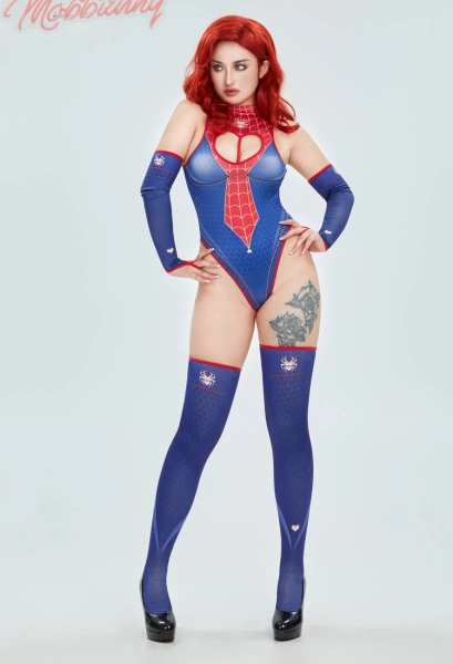 Sexy Lingerie Set Spider Prints Back Zipper Heart Cutout Bodysuit with Sleeves and Stockings