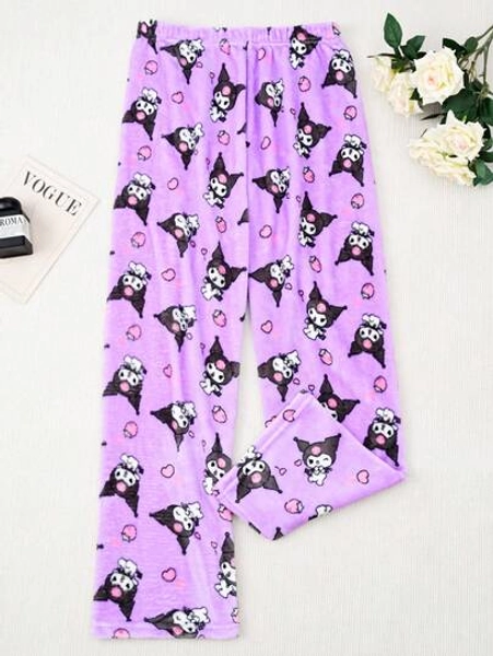 Calça de pijama de flanela com estampa do desenho animado Kuromi da Sanrio, forrada com tecido térmico, quentinha e aconchegante, ideal para dormir ou relaxar no outono/inverno. Feita de flanela macia, é perfeita para usar em casa, em ocasiões casuais e confortáveis. Ótima opção de presente para feriados, aniversários.