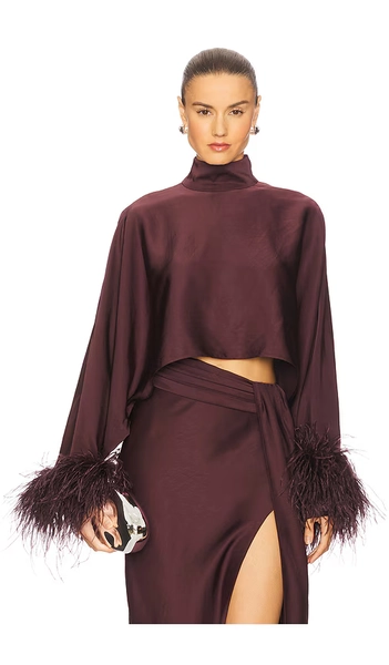 Lightweight Satin Caftan Top With Feathers