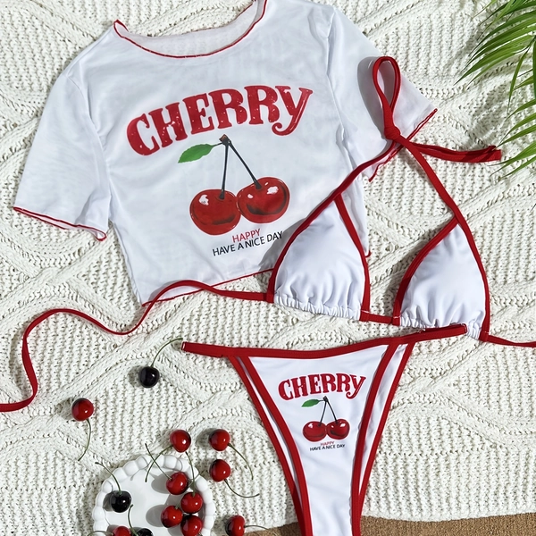 Cherry Print Women's Fashionable Sexy Letter Print Three-Piece Swimsuit Set with Halter Neck Top and High-Cut Triangle Bottoms - Beimun Warm Orientation Plan
