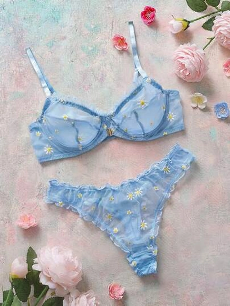 Esselle Romantic Embroidery Wire Bra Lingerie 2pcs set, Plus Size