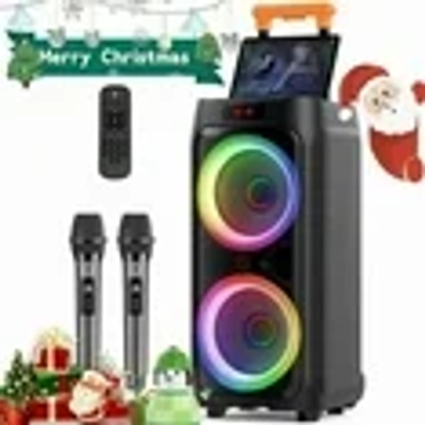 JYX Large Bluetooth Speaker, Portable Party Speaker with 2 Microphones & LED Lights & Trolley Bar & Wheels, Remote Control, T9