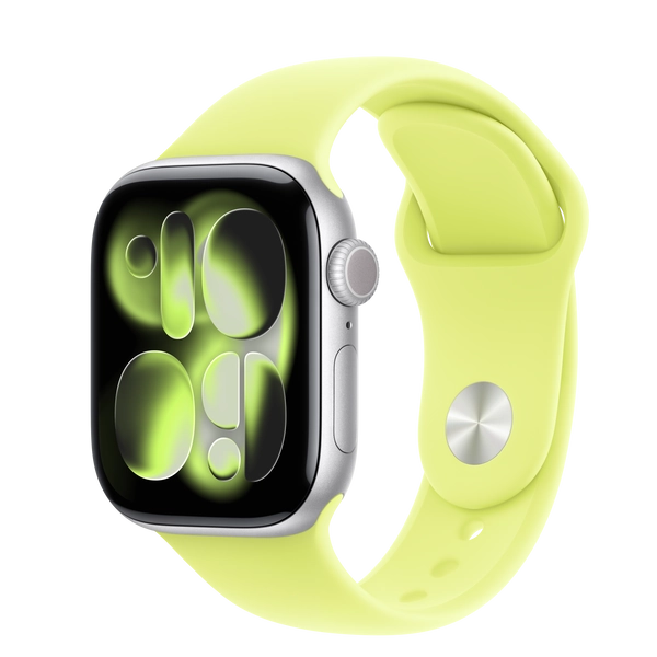 Apple Watch Series 11 GPS + Cellular, 42-mm Silver Aluminium Case with Neon Yellow Sport Band — M/L