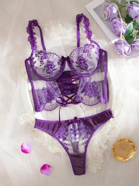 Crystal Vow 2pcs Floral Embroidered Mesh Sheer Lingerie Set