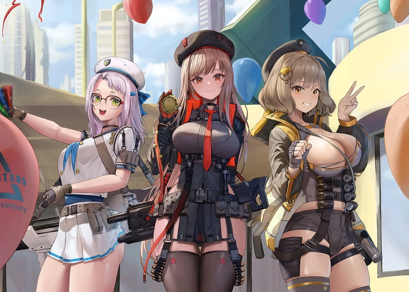 'Goddess of Victory: Nikke Celebrating Anniversary with Balloons' Poster, picture, metal print, paint by Rise and Inspire | Displate