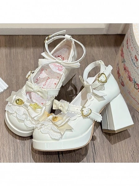 Elegant White 8cm High Heels with Butterfly Bow and Lace Trim