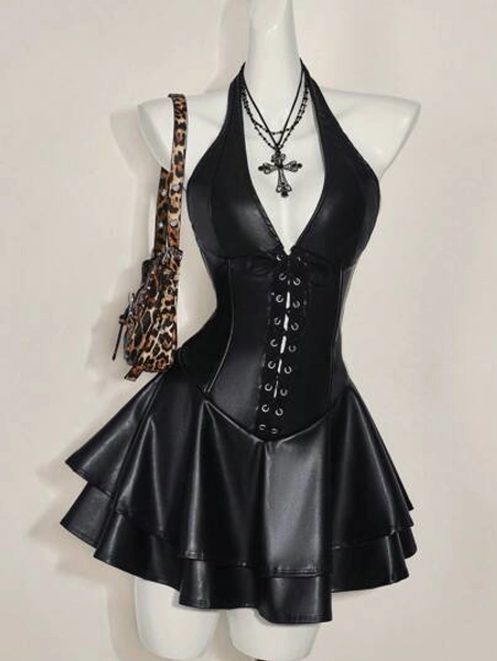 SHEIN ICON Women's Y2k Fashionable Gyaru Concert Women Outfit Club Party Festival Rave Outfit Y2k Going Out Cross Strap PU Leather Open Back Mini Halter Black Dress