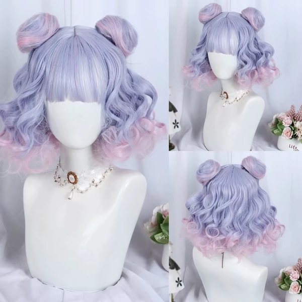 Ombre Blue Pink Short Wigs with Bangs Synthetic Women Lolita Wavy Curly Cosplay Hair Wig for Daily Party - AliExpress 