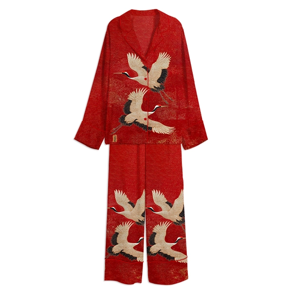 Japanese Crane Unisex Long Sleeve Satin Pajama Set