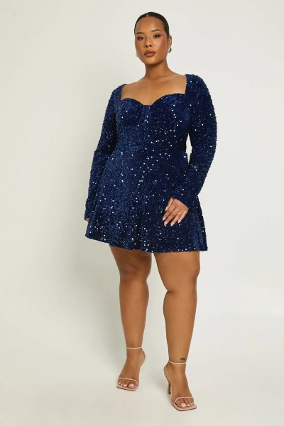 Plus Sweetheart Neck Long Sleeve Skater Dress