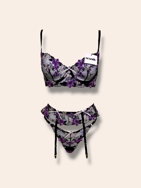 Black & Purple Floral Lace Lingerie set with, Garter Belt, Adjustable Panty, Gift for women