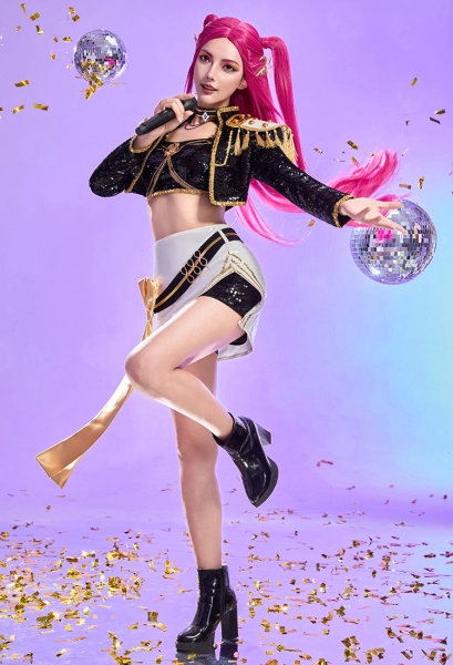 Kpop Slayers Main Dancer Stage Cosplay Costume Golden Outfits Tube Top and Shorts with Jacket and Skirt