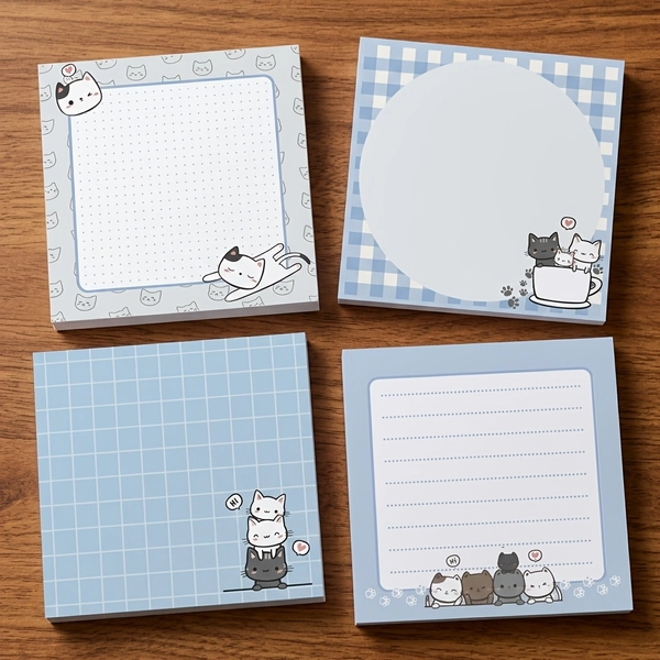 4pcs Cute Cat Theme Sticky Notes 3X3 Inch 50 Sheets Cute Cat Note Pads Adhesive Cute Cat Memo Notes for School Office Home Supplies Students Teachers Gift