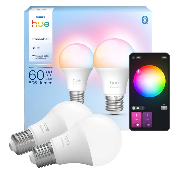 Philips Hue Essential E27 LED 8 W, vitt och färgat ljus, 2-pack