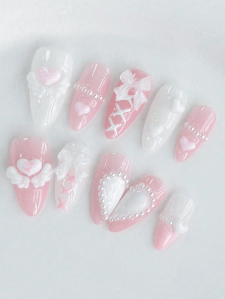 10 Long Coffin Nails Valentines Nails , Romantic Nail Art, Sexy Gentle Fairy Artistic Nail Design, Press On Nails Diy Fake Nails French Tip Nails Pink Nails Nail Art Pink Heartbeat, White Wings, And Heart Accessories, Dual Heart Binding Tapestry Pattern Design With Faux Pearl Accents Nail Supplies Nails