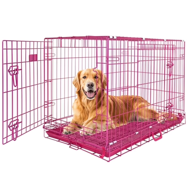 HOMEY PET Pink Dog Cage Large Dogs, Cute 42 Inch Dog Crate Big Collapsible XL Dog kennel, Nano-Coated Metal Wire Dog Crate with Removable Floor Grid Tray, Double Doors Dual Locks, Portable Handle