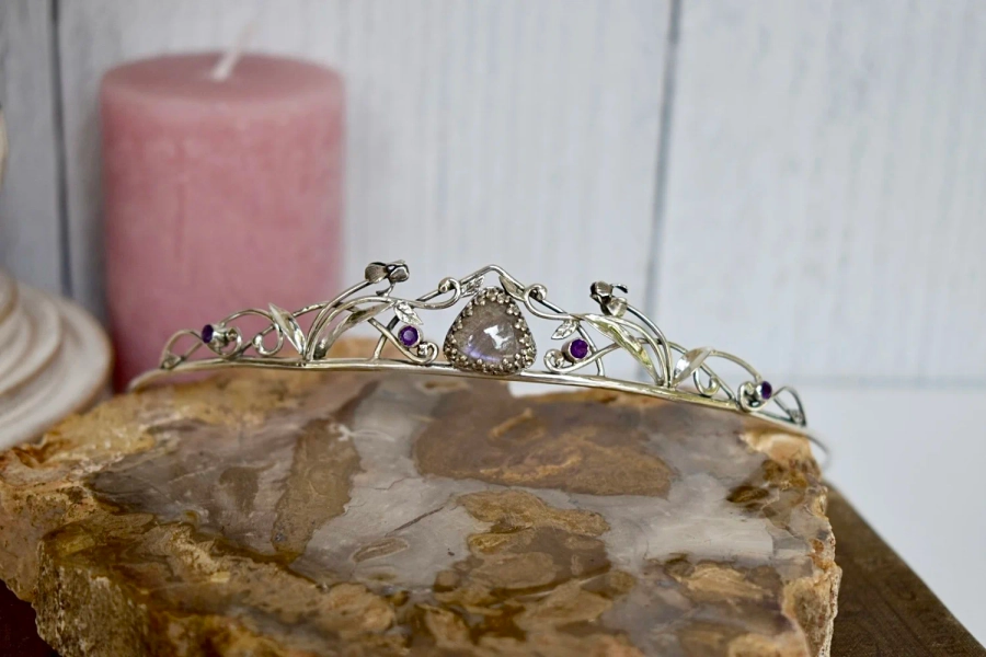 Art nouveau silver iris flower tiara β Luna Flora Designs Handmade Floral Jewelry