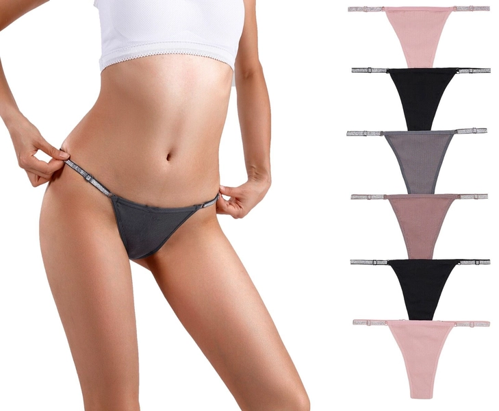 Women Adjustable Ribbed Cotton Thong Underwear Shine Strap Sexy Panties Pack 6-S