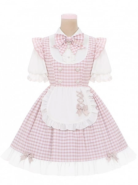 [$93.00]Pink Plaid Puff Sleeves Jirai Kei Dress
