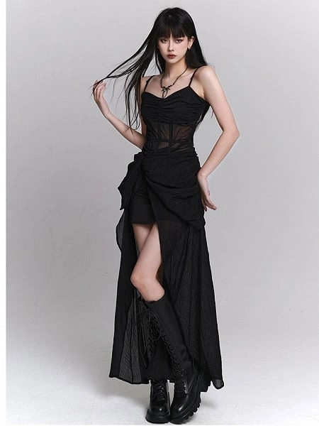 [$37.00]Gothic Black Twist Detail Slit Slip Dress
