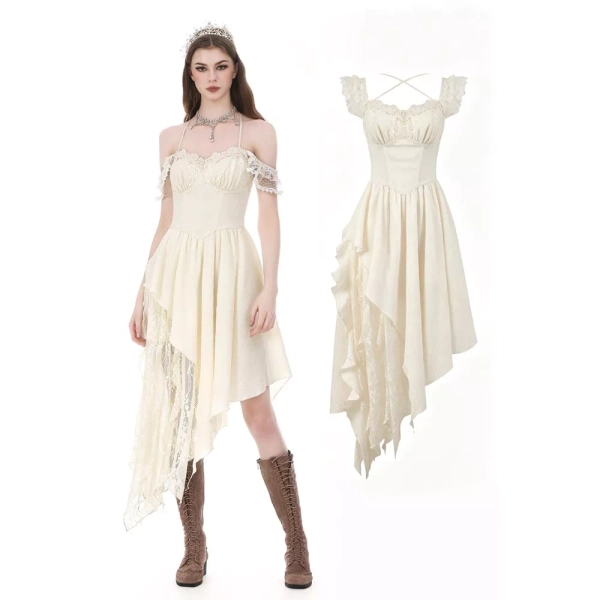 Dark in Love Dark in Love - Vintage Gothic Textured Lace Irregular Strap Short dress - Off white | Attitude Europe
