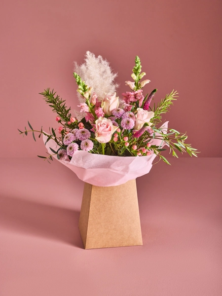 Pink Rose and Antirrhinum Fresh Flower Bouquet In Gift Bag