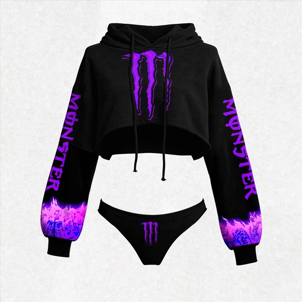Cyber Energy Claw Printed Women's Cropped Hoodie & Thong Sets