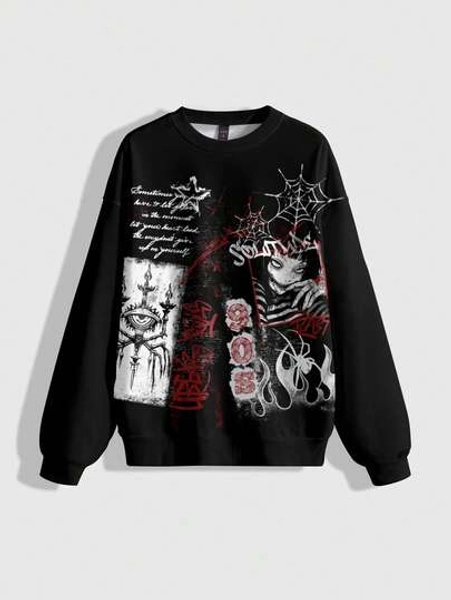 ROMWE Anime Dark Horror Teeth Girl Cute Graphic Crew Neck Long Sleeve Sweatshirt For Women, Autumn/Winter/Spring