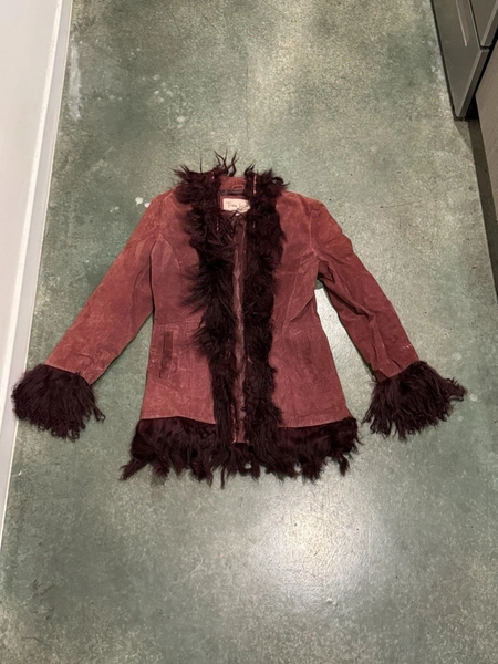 Tres Jolie Suede Leather Coat Jacket Mongolian Fur Collar & Trim Pockets Size M