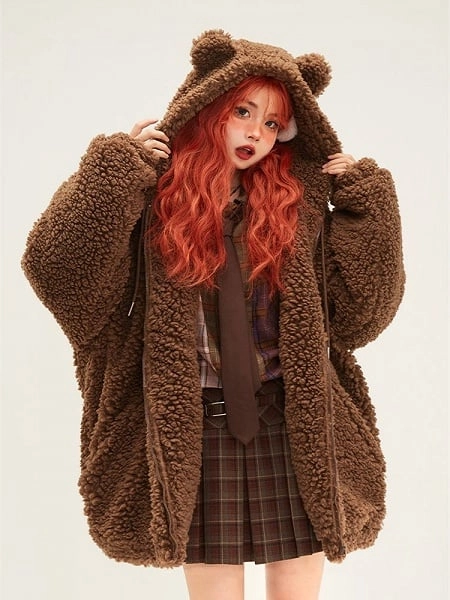 [$79.00]Coffee Sherpa Hooded Zip Coat with Cute Bear Ears 