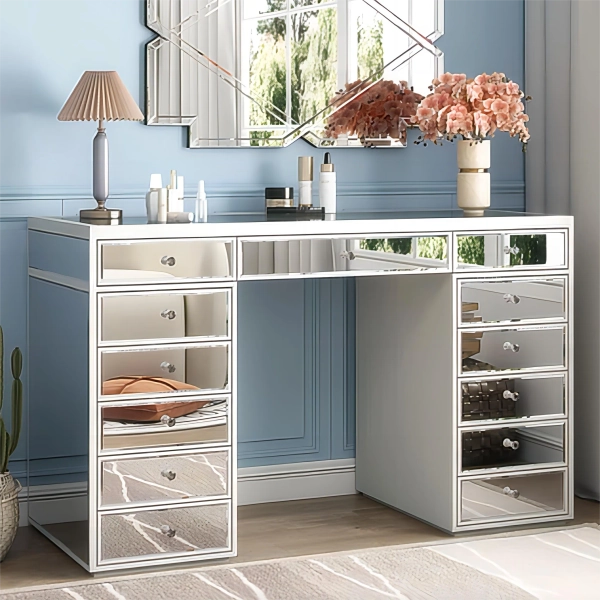 Everly Quinn Patternson Mirrored Vanity Table 13-Drawer & Reviews | Wayfair