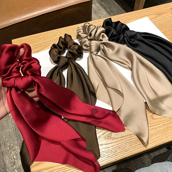 TEMU 4pcs Women's Solid Color Simple Bandanas, Scrunchie Hair Ties With Ribbon, For Ponytails And Buns, Suitable For Daily Use