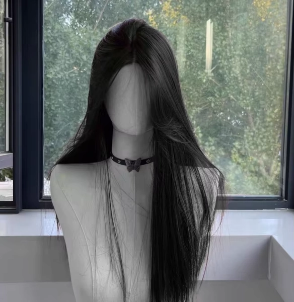 Parrucca nera per donna Parrucca anteriore in pizzo con fascia per capelli lunghi lisci Temperamento cosplay per uso quotidiano Parrucche sintetiche nere Lolita