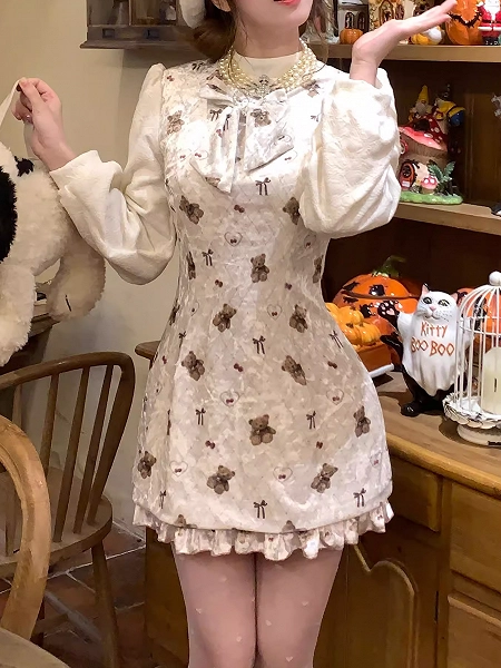 [$48.00]Adorable Vintage Bear Print Beige Long Sleeve Dress with Lace Trim