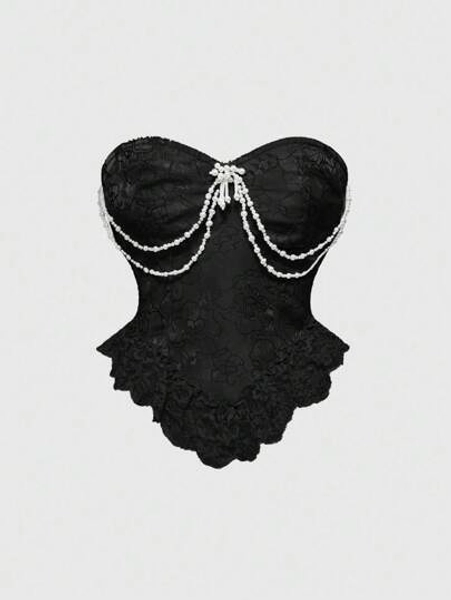 ROMWE Kawaii Vintage Victorian Lace Satin Pearl Brooch Decor Blouse, Women's Top In Puff Pink