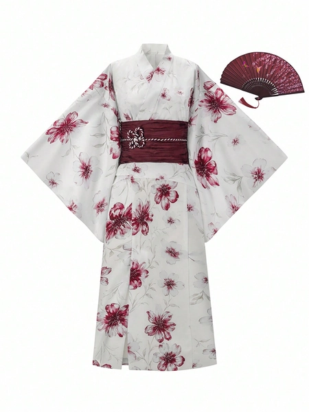 Irokai Kimono yukata blu stampato, tradizionale abbigliamento giapponese da donna