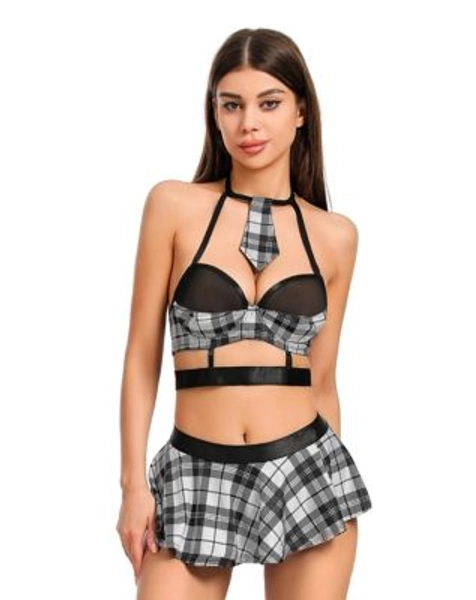 Gray Plaid School Girl Bra Top Mini Skirt and G-String Panties Set - Spencer's