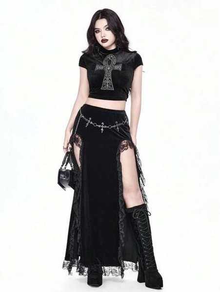 ROMWE Goth Saia Feminina de Veludo com Recortes de Renda e Fenda Alta, Estilo Gótico Sexy - Tamanho L