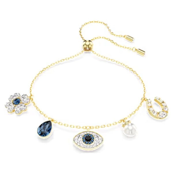 Symbolica bracelet, Crystal pearl, Clover, evil eye and horseshoe, Blue, Gold-tone plated