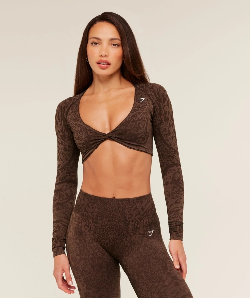 Gymshark Adapt Animal X Whitney Long Sleeve Crop Top - Archive Brown / Soft Brown