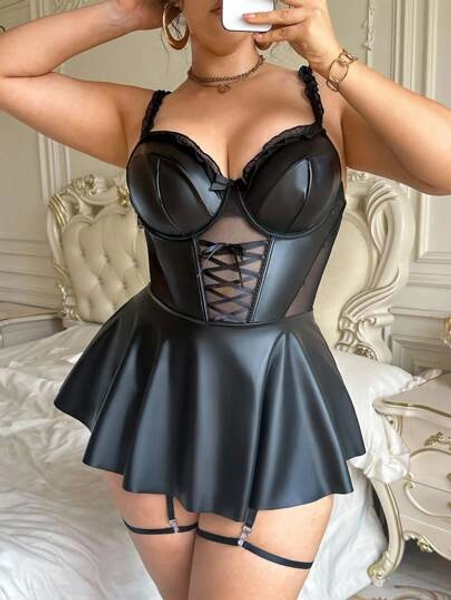 SHEIN Plus Size Sexy PU Leather & Mesh Ruffle Tie-Up A-Line Dress With Garter Belt 4pcs Set