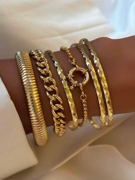 6Pcs Gold Layered Bracelet Set, Chunky Chain & Delicate Bangle Combination For Daily & Party Wear