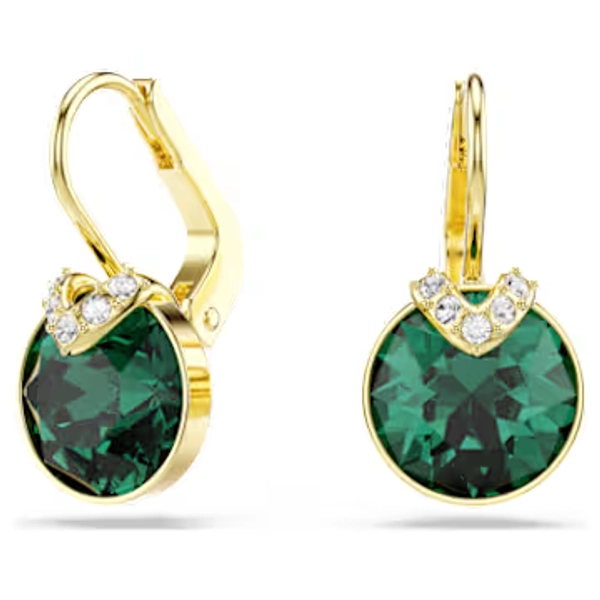 Bella V drop earrings, Round cut, Green, Gold-tone plated