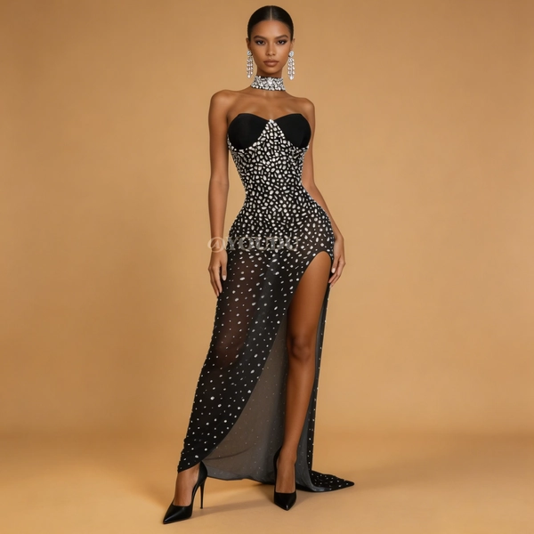 Vestido de noche elegante con pedrería brillante y malla tubular para mujer, ideal para bodas y alfombra roja, atuendo sexy Xiongwuzuan