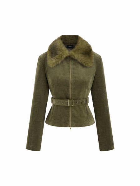 Corduroy Faux Fur Trim Collar Jacket With Belt